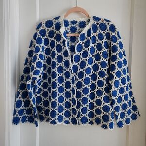 Gorgeous Hand Crocheted Blue And White Floral Cardigan
